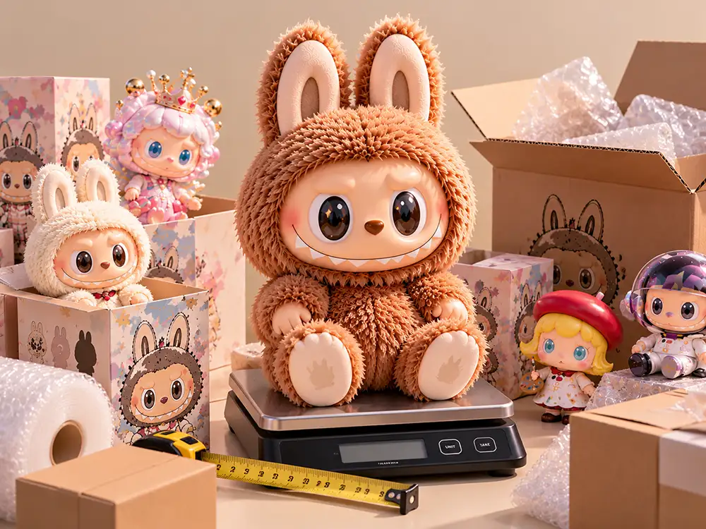 Peluche Labubu sobre una balanza digital junto a cajas de embalaje para calcular el peso del envío.