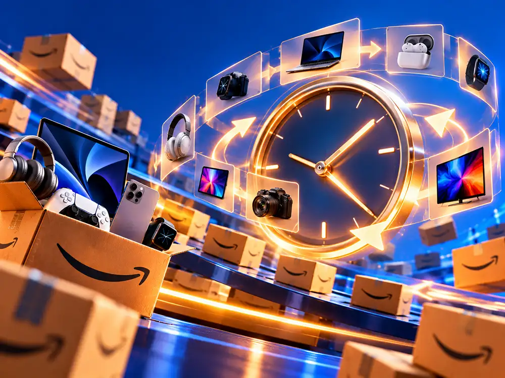 Productos de tecnología rodeados de cajas de Amazon y un reloj que representa las ofertas por tiempo limitado.