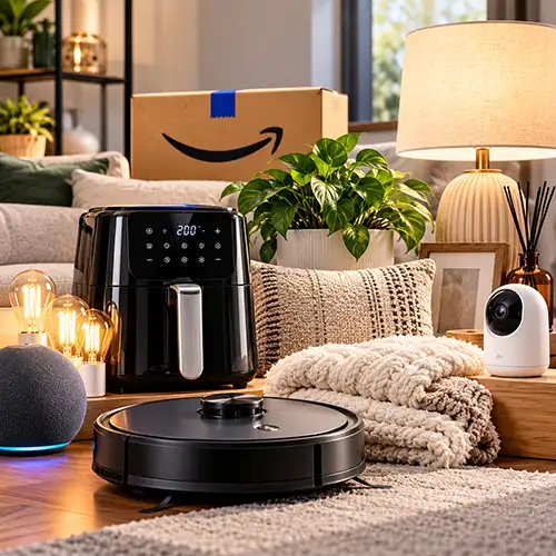 Productos para el hogar como aspiradora robot, electrodomésticos y artículos de decoración junto a una caja de Amazon.