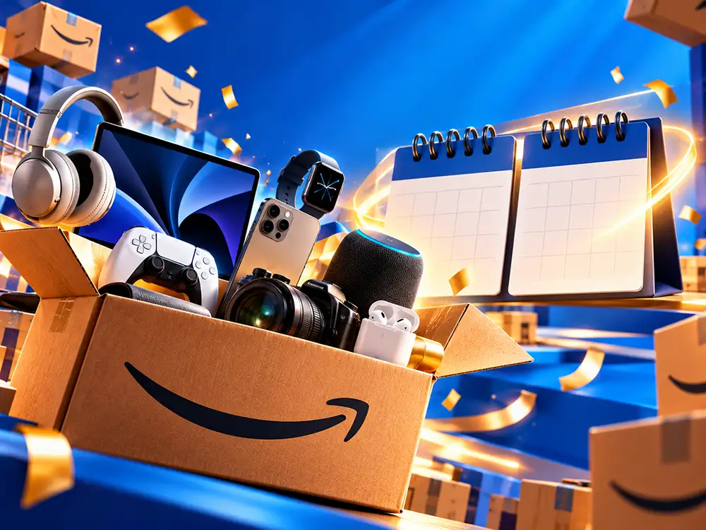 Productos tecnológicos y cajas de Amazon representando las ofertas de Amazon Prime Big Deal Days.