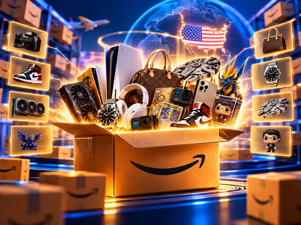 Caja de Amazon con productos tecnológicos y artículos de colección representando productos difíciles de encontrar.