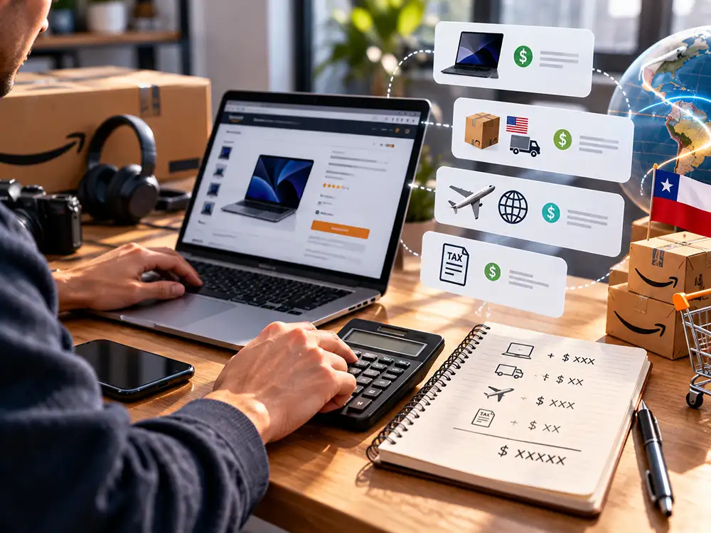 Persona comparando precios y costos de productos de Amazon en un computador junto a información de envío.