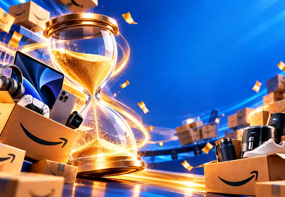 Reloj de arena junto a productos y cajas de Amazon durante el evento Prime Big Deal Days.