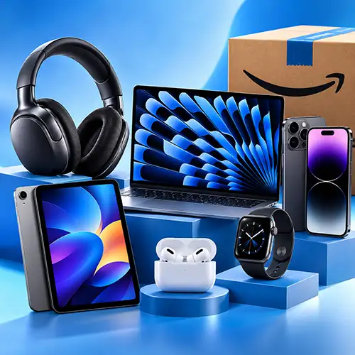 Productos tecnológicos como notebooks, tablets, audífonos, smartphones y smartwatch junto a una caja de Amazon.