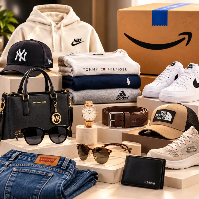 Ropa, zapatillas, bolsos y accesorios de moda junto a una caja de Amazon.