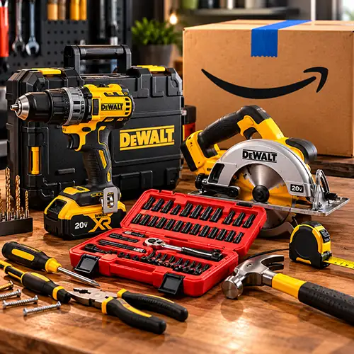 Taladros, herramientas eléctricas y herramientas manuales junto a una caja de Amazon.