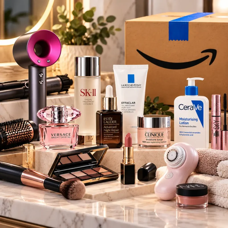 Productos de belleza y cuidado personal como maquillaje, perfumes y dispositivos de cuidado junto a una caja de Amazon.
