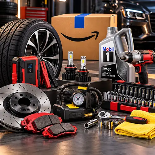 Repuestos, herramientas y accesorios automotrices junto a una caja de Amazon.