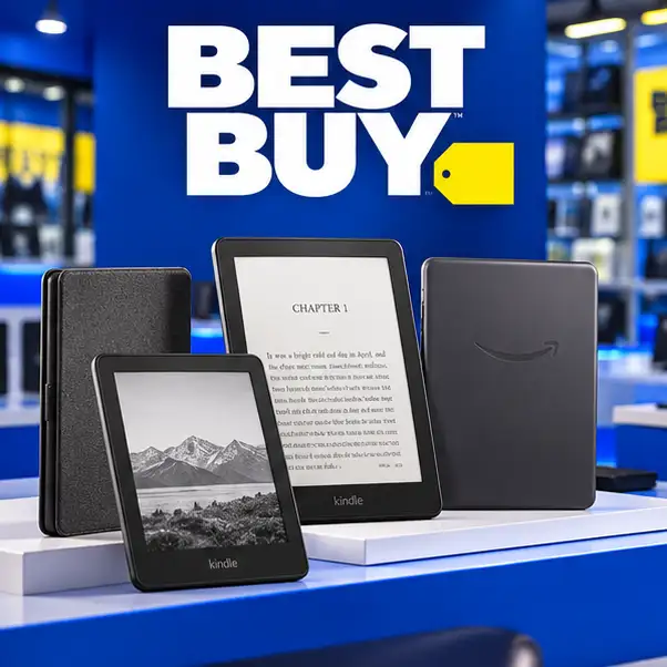 Lectores Kindle y dispositivos electrónicos exhibidos en Best Buy.