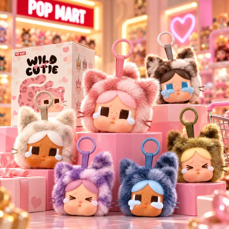 Figuras y peluches CRYBABY con expresiones emotivas y vestuarios variados.
