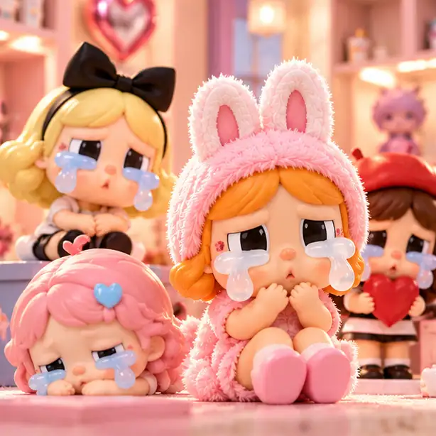 Figuras y peluches CRYBABY con expresiones emotivas, lágrimas y vestuarios de colores pastel.