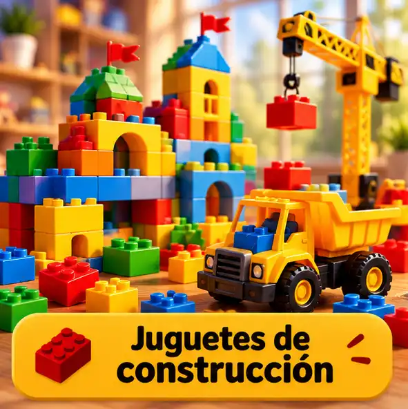 Bloques de colores, piezas armables y vehículos de construcción para distintas edades.