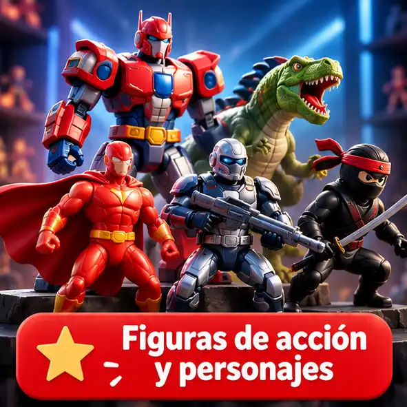 Figuras de superhéroes, robots, dinosaurios y personajes de distintas franquicias.