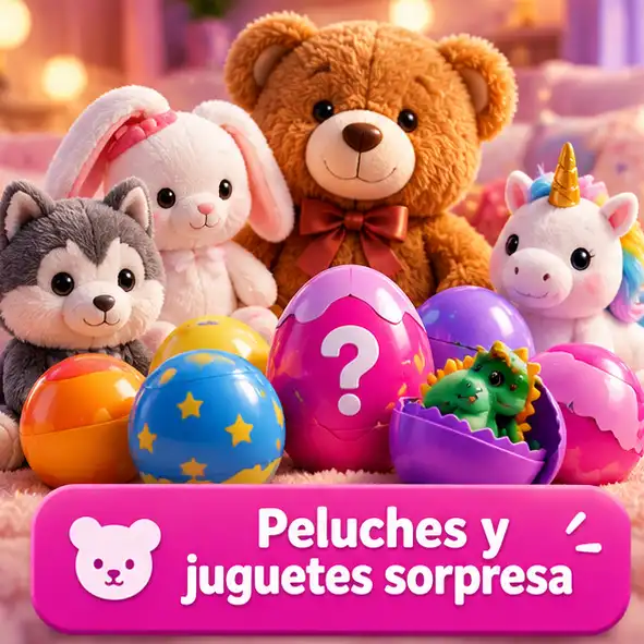 Peluches de osos y animales junto a huevos sorpresa y juguetes coleccionables.