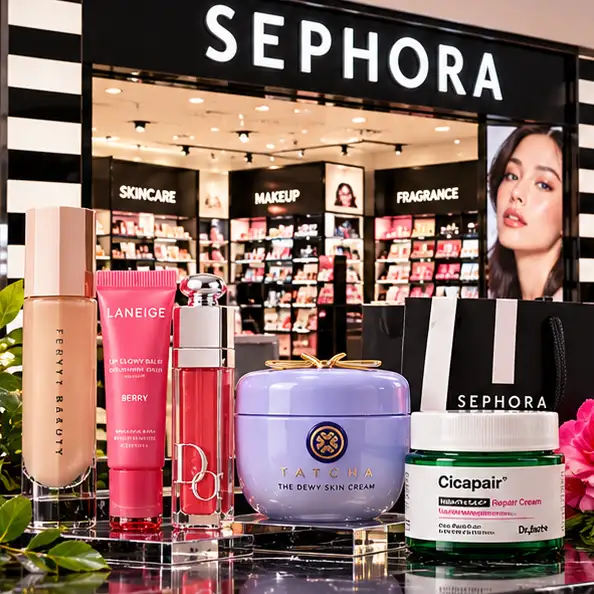 Tienda Sephora con exhibidores de maquillaje y cosméticos.