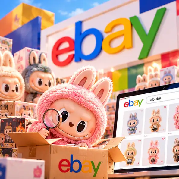 Peluches Labubu y cajas de productos coleccionables de eBay.