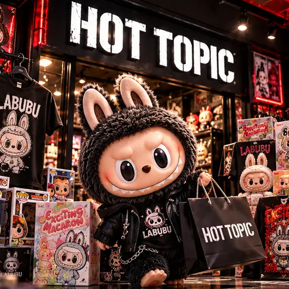 Peluches Labubu y productos coleccionables exhibidos en una tienda Hot Topic.