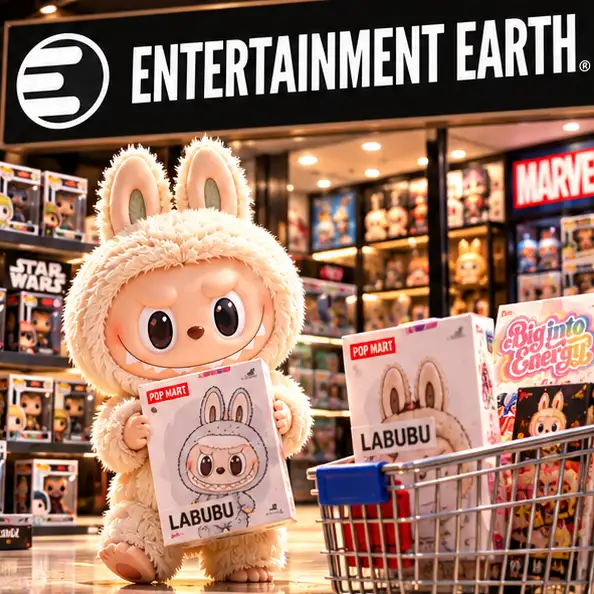 Figuras y peluches Labubu junto al letrero de Entertainment Earth.