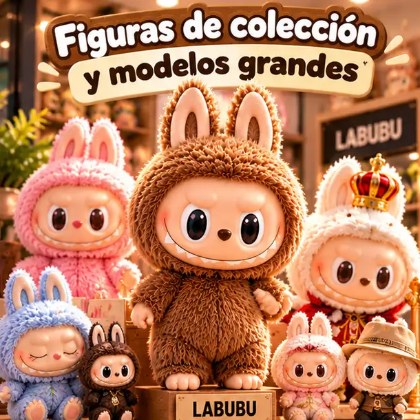 Figuras Labubu de distintos tamaños exhibidas junto a sus cajas.