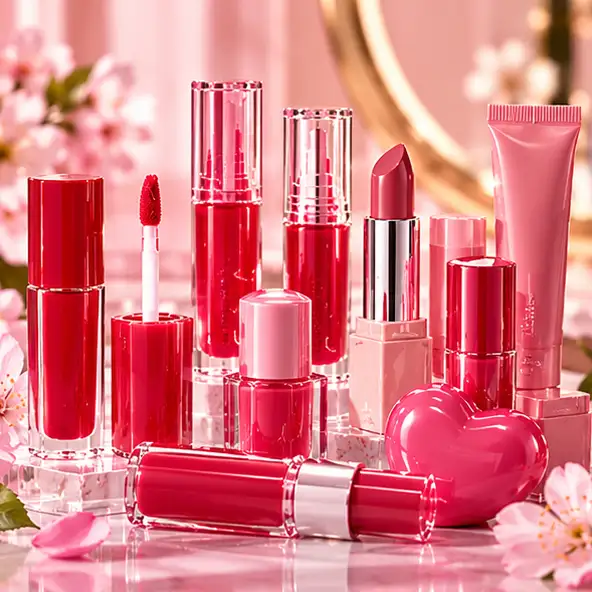 Labiales y tintas para labios coreanas en tonos rojos y rosados, con glosses y labiales líquidos.