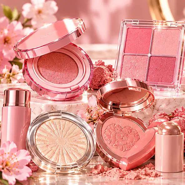 Rubores e iluminadores coreanos en tonos rosados y durazno, con compactos, polvos y productos en crema.