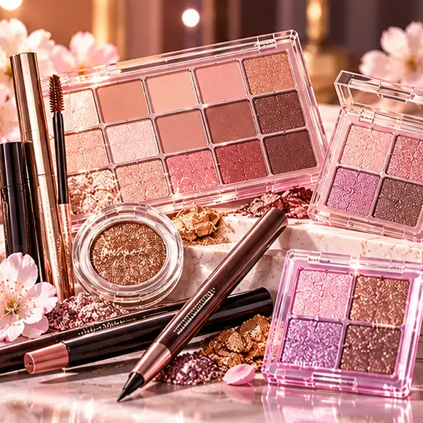 Sombras y maquillaje coreano para ojos, con paletas de tonos neutros y rosados, delineadores y sombras brillantes.