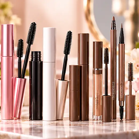 Máscaras de pestañas, delineadores y productos para definir las cejas.