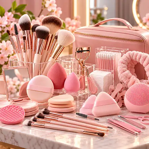 Accesorios y herramientas de maquillaje, con brochas, esponjas, aplicadores y cosméticos en tonos rosados.