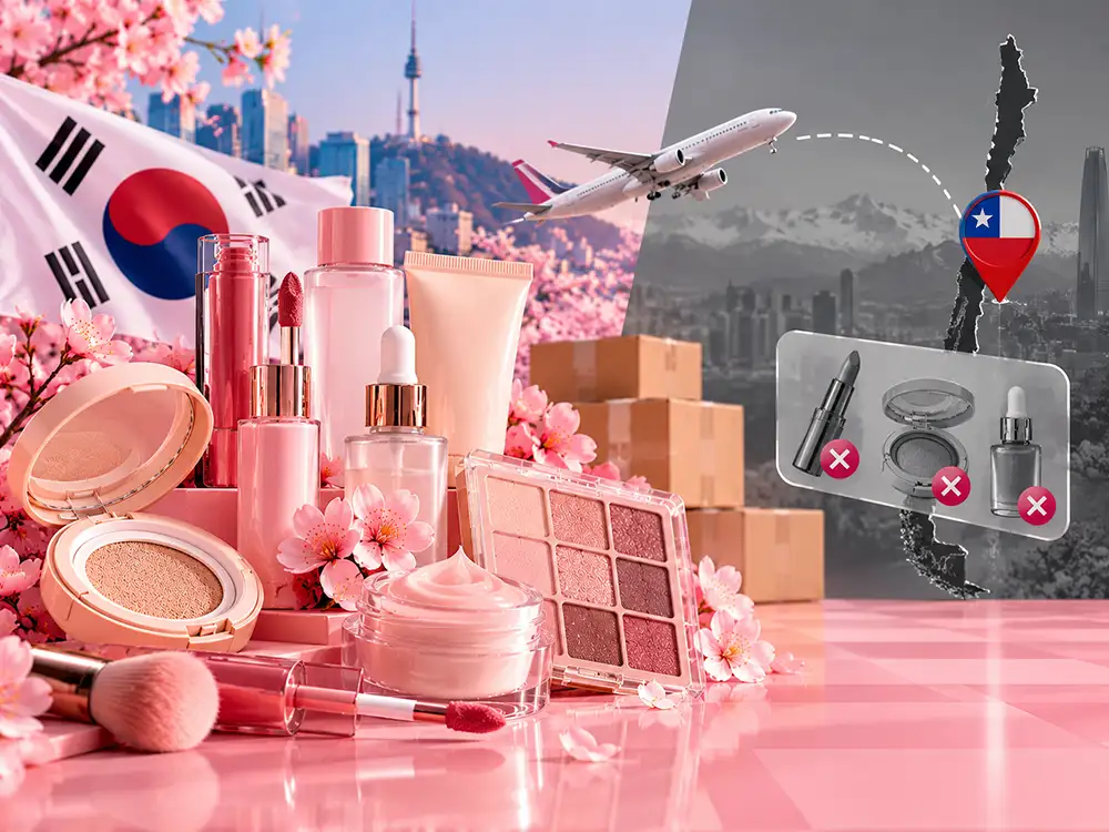 Maquillaje coreano junto a banderas de Corea del Sur, Estados Unidos y Chile, con un avión que representa la importación de cosméticos.