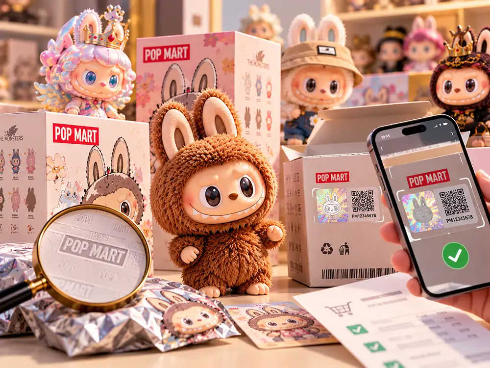 Figuras y cajas POP MART junto a un teléfono que muestra información para verificar productos.